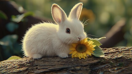 Wall Mural -   White rabbit perched on tree trunk, sunflower between teeth, gazing into the lens