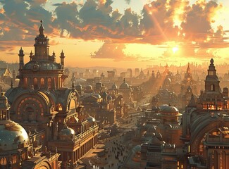 Canvas Print - Fantastic Golden City at Sunset