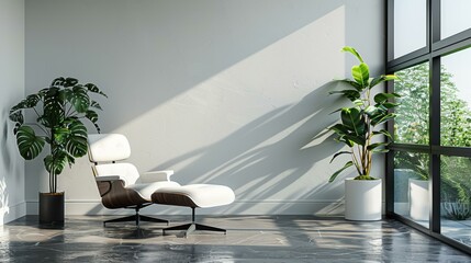 Poster - A modern living room with a large window, a white leather chair, and a potted plant