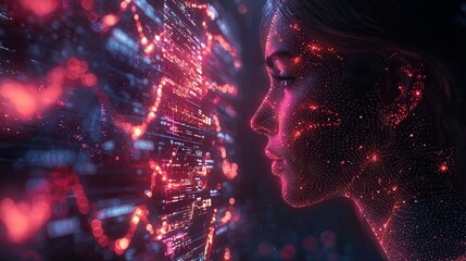 A futuristic face illuminated by glowing digital lines, symbolizing technology, artificial intelligence, and the deep connection between humans and machines.