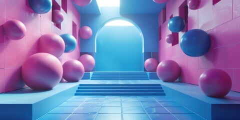 Wall Mural - Pink and blue balls floating in a blue and pink room