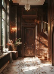 Poster - Elegant Antique Hallway with Marble Floor and Wooden Details