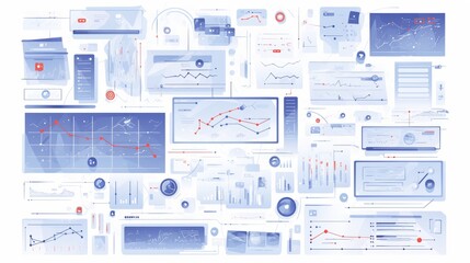 A complex digital dashboard showcasing various data analysis charts, graphs, and metrics in a tech-oriented layout, illustrating analytical insights.