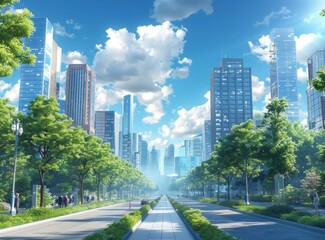 Poster - Modern Cityscape with Lush Green Trees