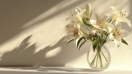 Sticker -   Glass vase with white flowers on white table, adjacent to shadow of wall