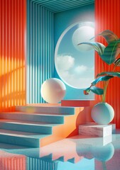 Sticker - Colorful Abstract Interior Design Scene with Steps