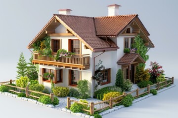 Canvas Print - Charming European Style House Illustration with Lush Landscaping