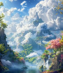 Sticker - Fantasy Mountain Landscape with Lush Vegetation and Waterfalls