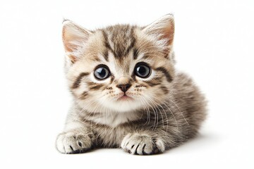 The purebred british shorthair kitten breed silver tabby breed is isolated on a white transparent background