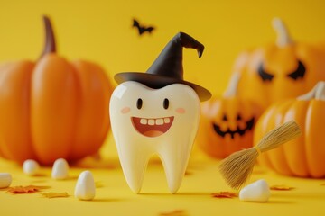 Canvas Print - A yellow background depicts a tooth figurine and dental tools along with pumpkins and a broom.