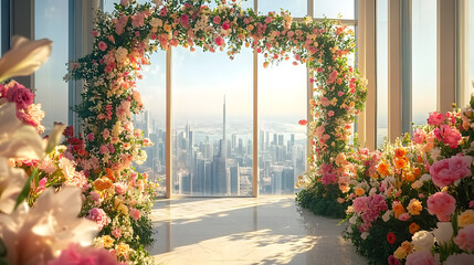 Wall Mural - A spacious room brimming with an abundance of vibrant flowers adjoins a grand window offering panoramic views of a distant metropolis