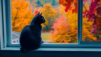 Poster - A black cat perched on a windowsill, surveying autumn hues beyond