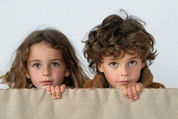 fun and playful family portrait with two children peeking out from behind a blank board on a white background.