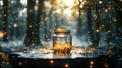 Poster - A glass jar rests atop a table amidst a forest brimming with fireflies