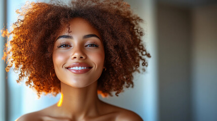 A woman with curly hair is smiling and looking at the camera. She has a natural, relaxed look on her face