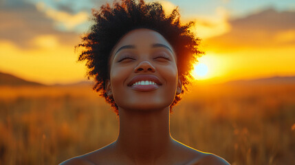 A woman with curly hair is smiling at the camera in a field. The sun is setting in the background, creating a warm and peaceful atmosphere