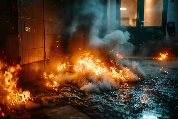 dramatic close-up of a fire burning near an emergency exit door of a building, showcasing the urgency and danger of the situation.