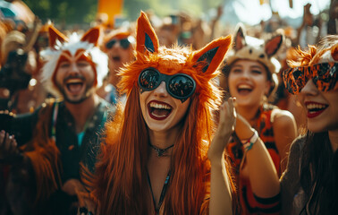 People in fox costumes at the festival. Bright orange outfits. Photo of girl and boy quadrobber, therian, furries subculture.