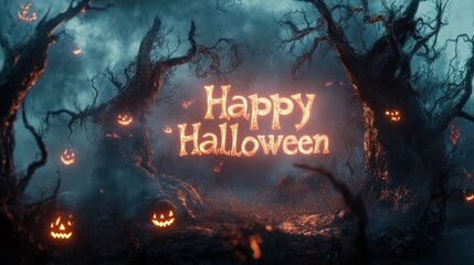 Wall Mural - 3D render of glowing Happy Halloween letters floating in mid-air surrounded by swirling mist and dark twisted trees