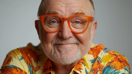 Wall Mural - A man wearing orange glasses and a yellow shirt is smiling. Concept of warmth and happiness