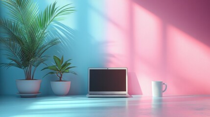 Laptop computer sitting on a desk next to a plant