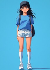 Anime girl in casual summer outfit with blue shirt, white shorts, cap and backpack. Illustration style.