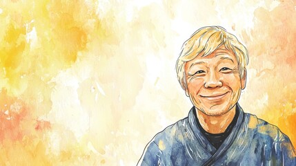 Wall Mural - Old Chinese Man with Blond Straight Hair watercolor illustration.