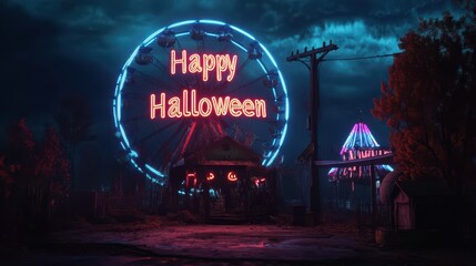 Wall Mural - Haunted carnival with flickering neon lights and Happy Halloween glowing ominously above the entrance to a broken Ferris wheel