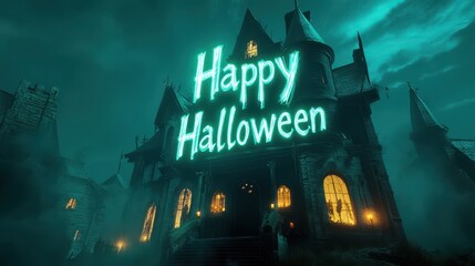 Wall Mural - Highly detailed 3D render of Happy Halloween letters glowing in eerie green above a haunted house with flickering candles and shadows