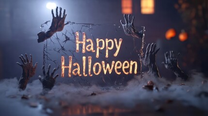 Canvas Print - Hyper-realistic 3D render of Happy Halloween letters emerging from a cracked mirror with ghostly hands reaching out from the fog