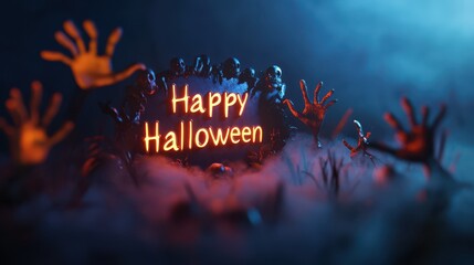 Wall Mural - Hyper-realistic 3D render of Happy Halloween letters emerging from a cracked mirror with ghostly hands reaching out from the fog