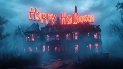 Canvas Print - Realistic 3D render of giant Happy Halloween letters glowing in neon red above a haunted mansion with broken windows and fog