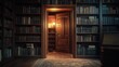 © Nova Widiawati - A dimly lit library with bookshelves lining the walls, a partially open door leading to another room, a rug on the floor, and a chair in the corner.