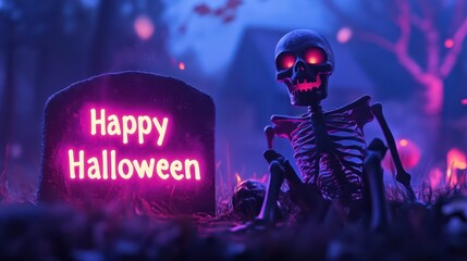 Wall Mural - Twisted skeletal figure crawling out of a grave with Happy Halloween written in eerie glowing letters in the misty night air