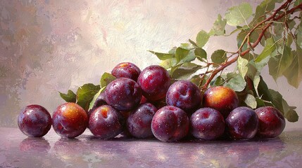 Poster -   A bountiful depiction of plums on a table with a branch accentuating the foreground, set against a backdrop of soft pink