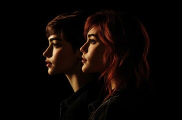 Two individuals stand side by side, highlighting their distinct profiles and unique hairstyles against a dark background