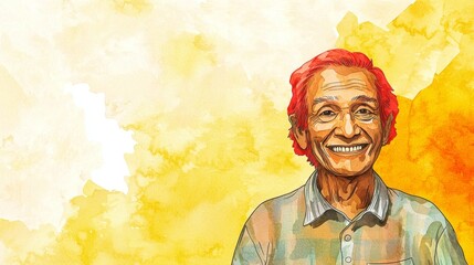 Wall Mural - Old Indian Man with Red Straight Hair watercolor illustration.