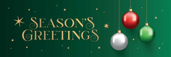 Season greetings greeting card. Beautiful typographical invitation with 3d realistic balls and golden stars. Modern gold typography on festive dark green background. Vector illustration.