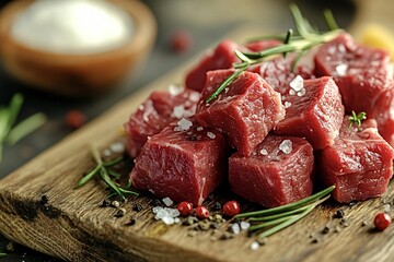 Freshly cut beef cubes seasoned with salt and peppercorns on a wooden cutting board. Ready to cook. Aromatic rosemary. Spices. And herbs add a gourmet touch. Delicious and healthy for a flavorful meal