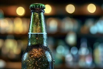 Cold, wet green beer bottle covered in condensation sits on a counter in a cozy pub with warm lights, perfect for a night out or celebration. Copy space