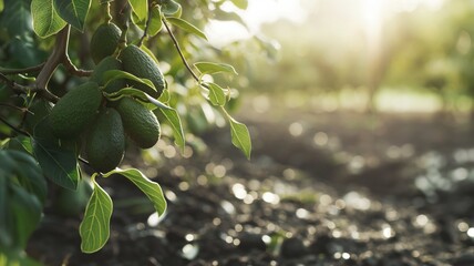 Wall Mural - Beautiful closeup of fresh, ripe avocados hanging on a tree branch with vibrant green leaves in warm sunlight background