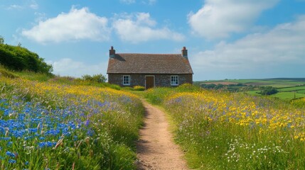 A quaint, stone cottage sits at the end of a narrow dirt path, surrounded by a vibrant wildflower meadow on a sunny day.
