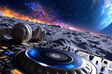 Wall Mural - space party with astronaut in dj spacesuit and headphones at a view of planets and galaxy stars in n
