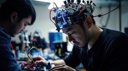 Two engineers work on advanced brain-computer interface technology, showcasing intricate wiring and innovative design in a lab setting.