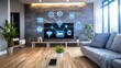 © Thongchanh - A modern living room featuring a TV displaying digital icons, symbolizing smart home connectivity and technology integration.