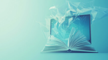 A simple, digital image shows an open book on a computer screen.  It represents online learning, with a blue background and a geometric style.