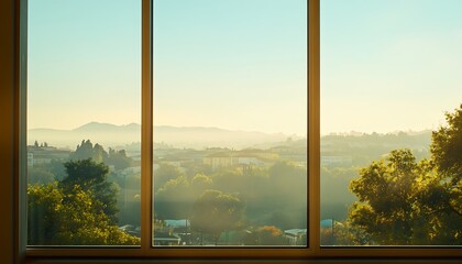 Wall Mural - Scenic view through a window with green hills and a hazy sunrise in the distance