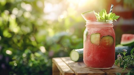 Poster -   A wooden table holds a jar of watermelon and cucumber, surrounded by lush greenery