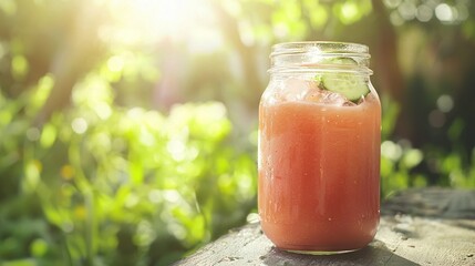 Poster -   A lush green leafy forest serves as the backdrop for a wooden table holding a jar filled with drink