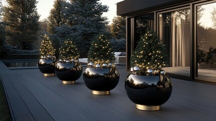 Two black glossy planters stand beside a modern home entrance, decorated with festive Christmas ornaments and greenery, illuminated by warm sunlight